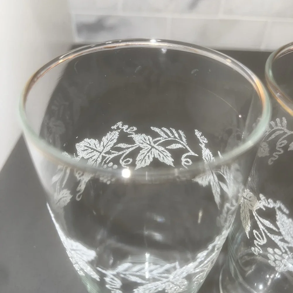 Vintage Bartlett Collins Set of 3 Grape Leaf Etched Glasses Gold Rim 1950s